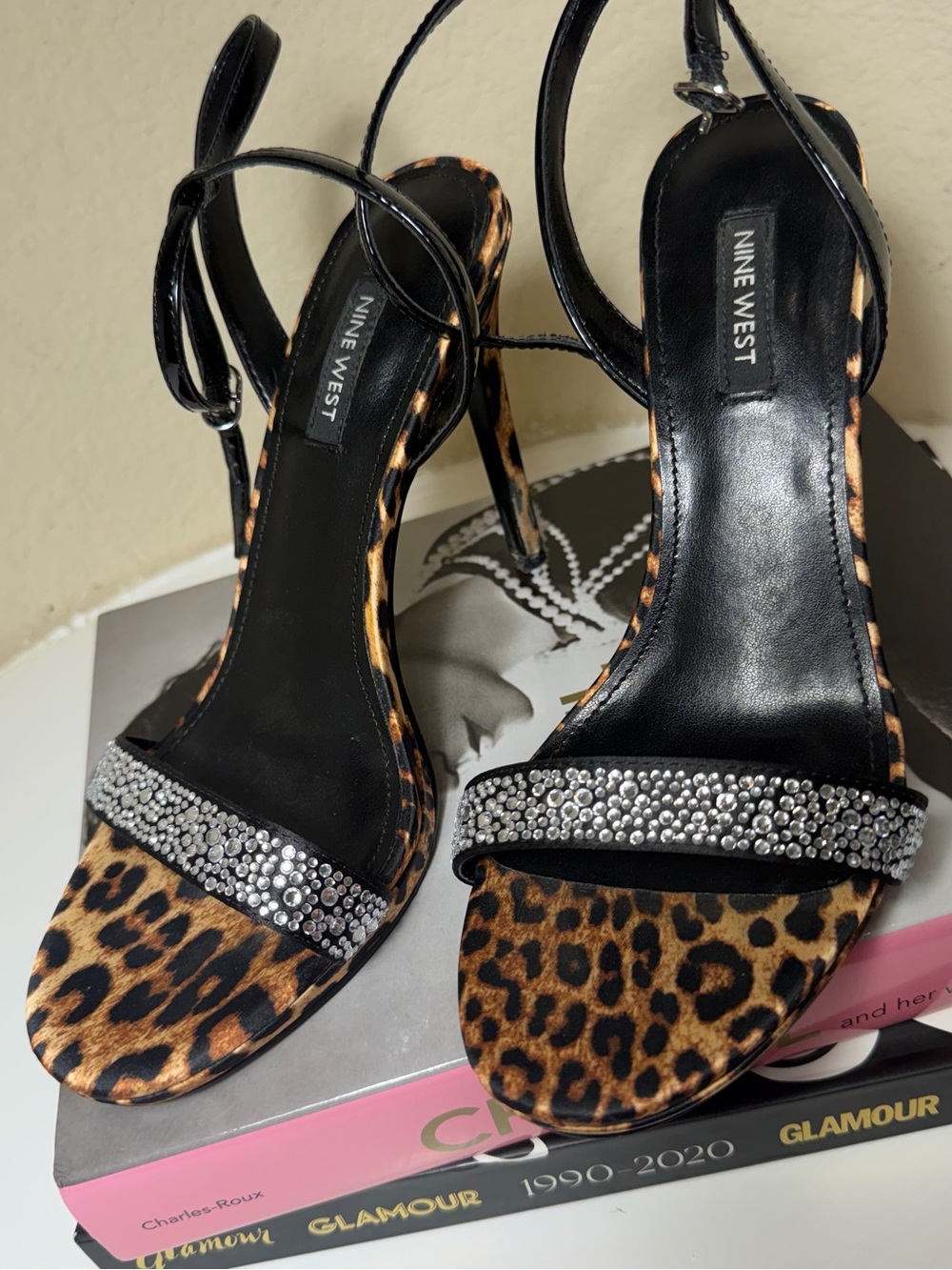 Nine West Loola Leopard Rhinestone High Stiletto Sandals – Size 8